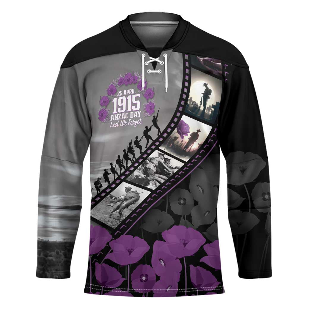 Personalised Remembering ANZAC Lest We Forget Hockey Jersey Vintage Film Frame Memorial Purple Poppy