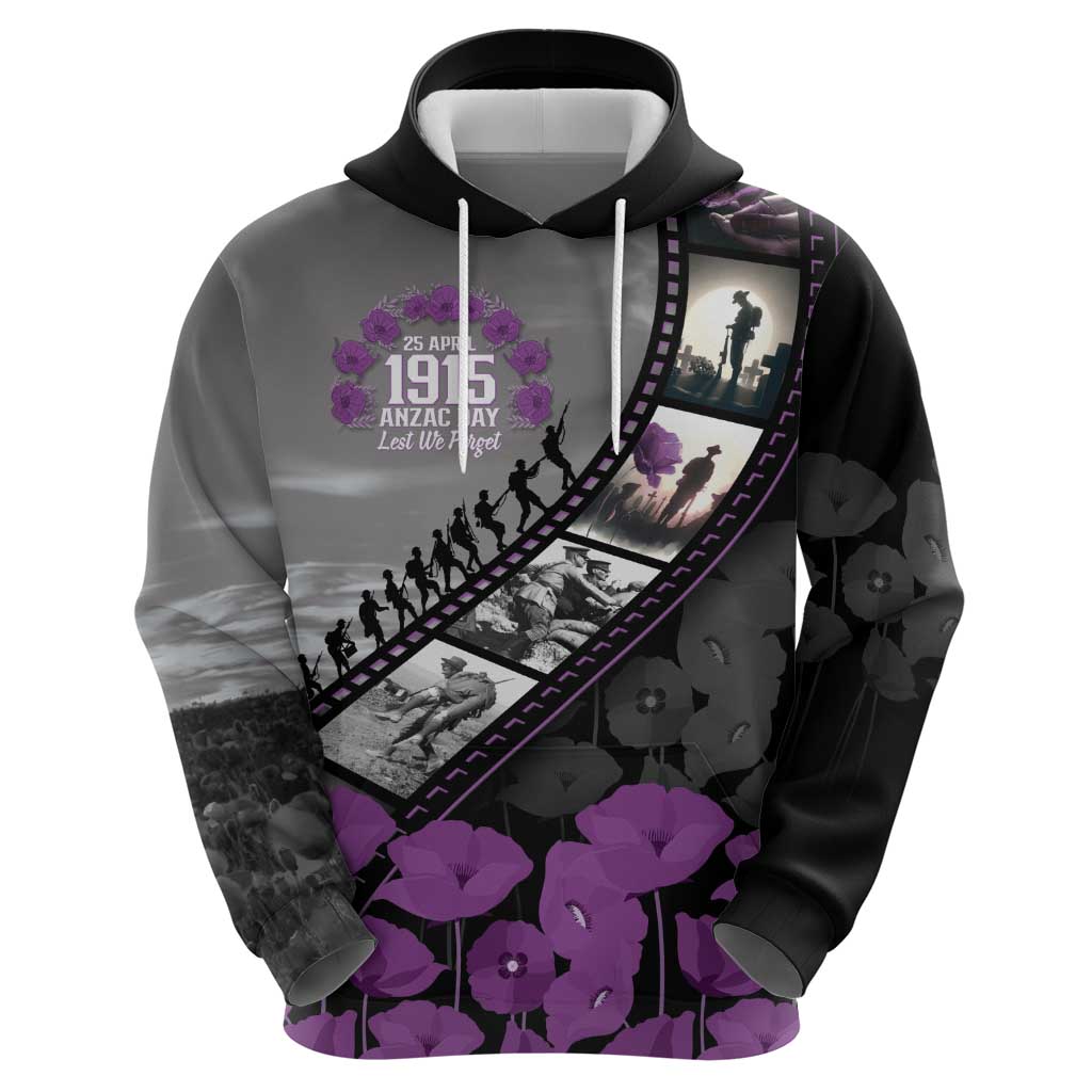 Personalised Remembering ANZAC Lest We Forget Hoodie Vintage Film Frame Memorial Purple Poppy LT9 - Polynesian Pride