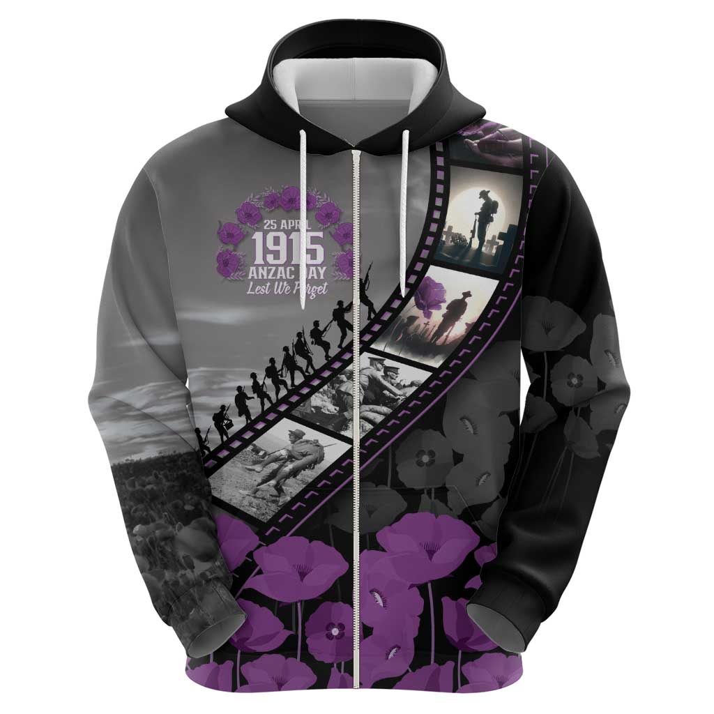 Personalised Remembering ANZAC Lest We Forget Hoodie Vintage Film Frame Memorial Purple Poppy LT9 - Polynesian Pride