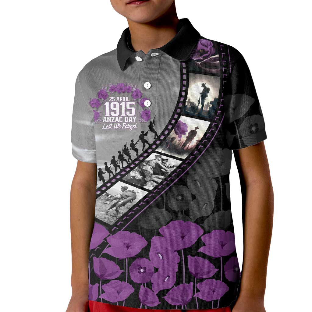 Personalised Remembering ANZAC Lest We Forget Kid Polo Shirt Vintage Film Frame Memorial Purple Poppy