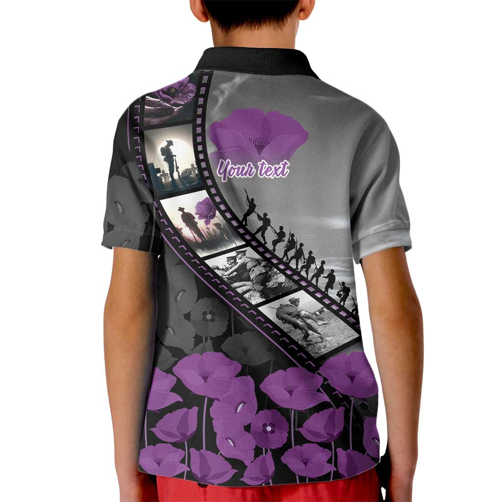 Personalised Remembering ANZAC Lest We Forget Kid Polo Shirt Vintage Film Frame Memorial Purple Poppy
