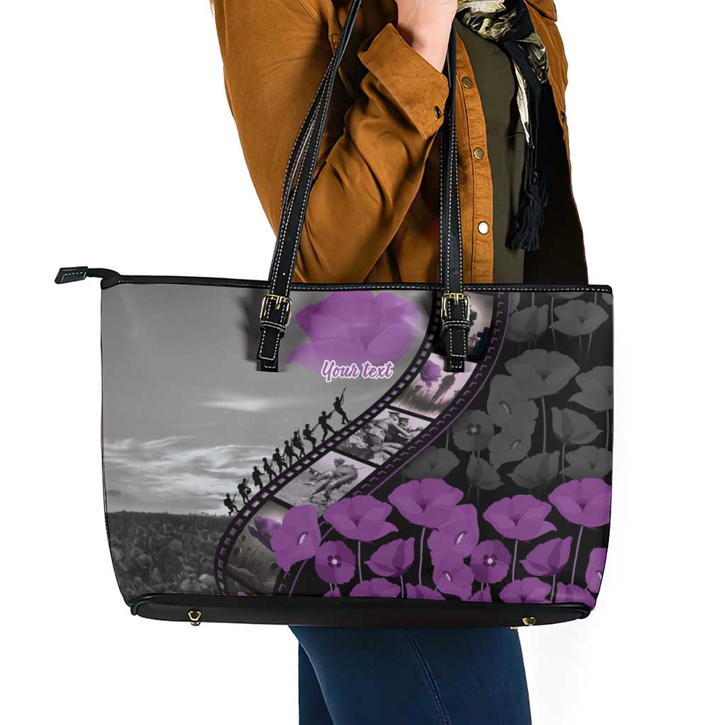 Personalised Remembering ANZAC Lest We Forget Leather Tote Bag Vintage Film Frame Memorial Purple Poppy