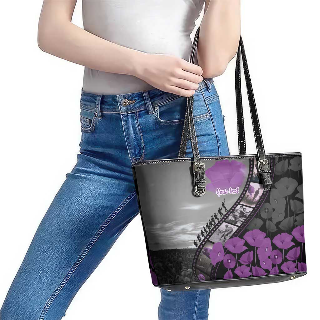 Personalised Remembering ANZAC Lest We Forget Leather Tote Bag Vintage Film Frame Memorial Purple Poppy
