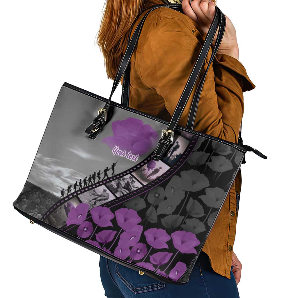 Personalised Remembering ANZAC Lest We Forget Leather Tote Bag Vintage Film Frame Memorial Purple Poppy