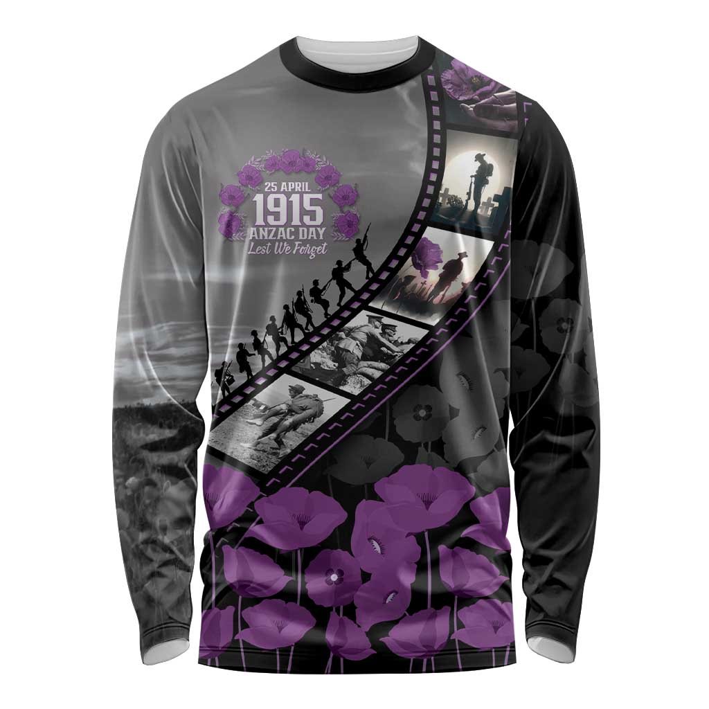 Personalised Remembering ANZAC Lest We Forget Long Sleeve Shirt Vintage Film Frame Memorial Purple Poppy