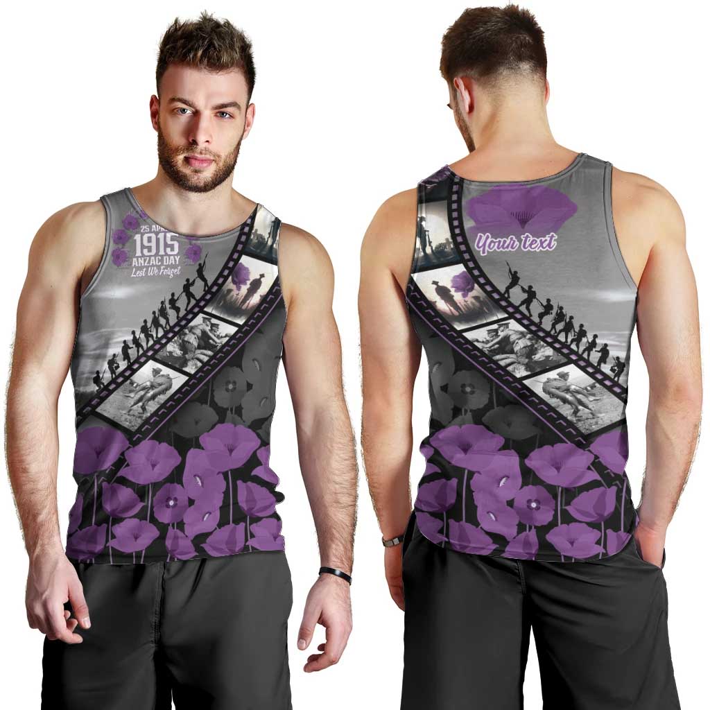 Personalised Remembering ANZAC Lest We Forget Men Tank Top Vintage Film Frame Memorial Purple Poppy LT9 - Polynesian Pride