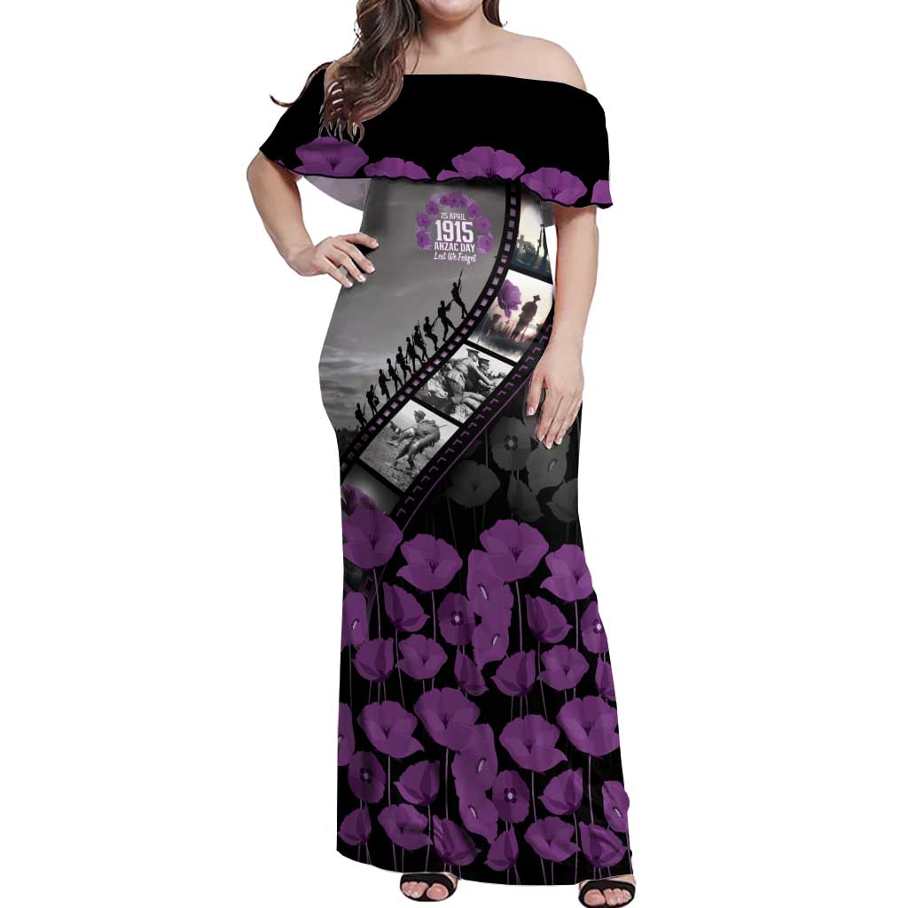Personalised Remembering ANZAC Lest We Forget Off Shoulder Maxi Dress Vintage Film Frame Memorial Purple Poppy