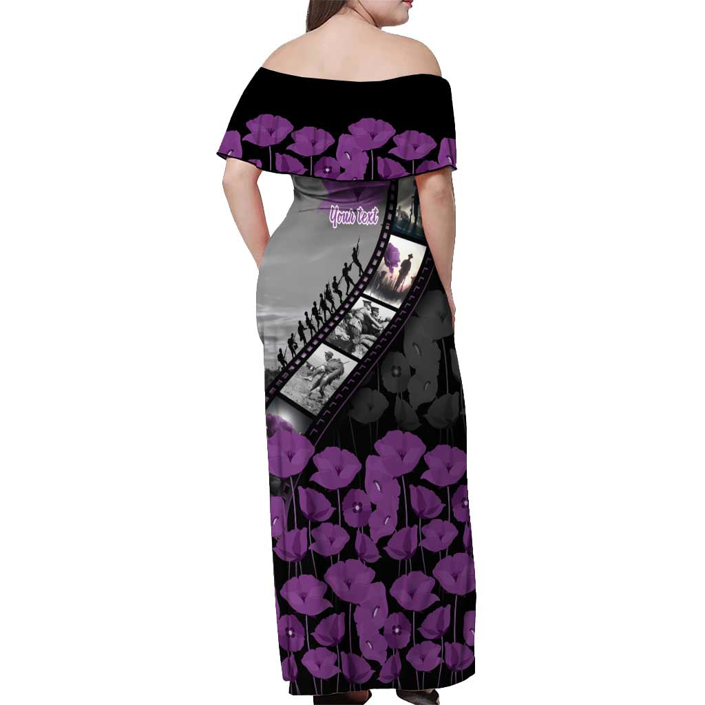 Personalised Remembering ANZAC Lest We Forget Off Shoulder Maxi Dress Vintage Film Frame Memorial Purple Poppy LT9 - Polynesian Pride