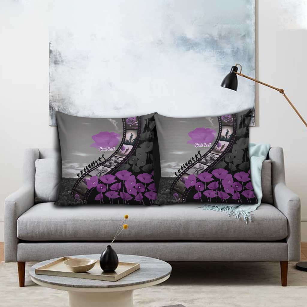 Personalised Remembering ANZAC Lest We Forget Pillow Cover Vintage Film Frame Memorial Purple Poppy