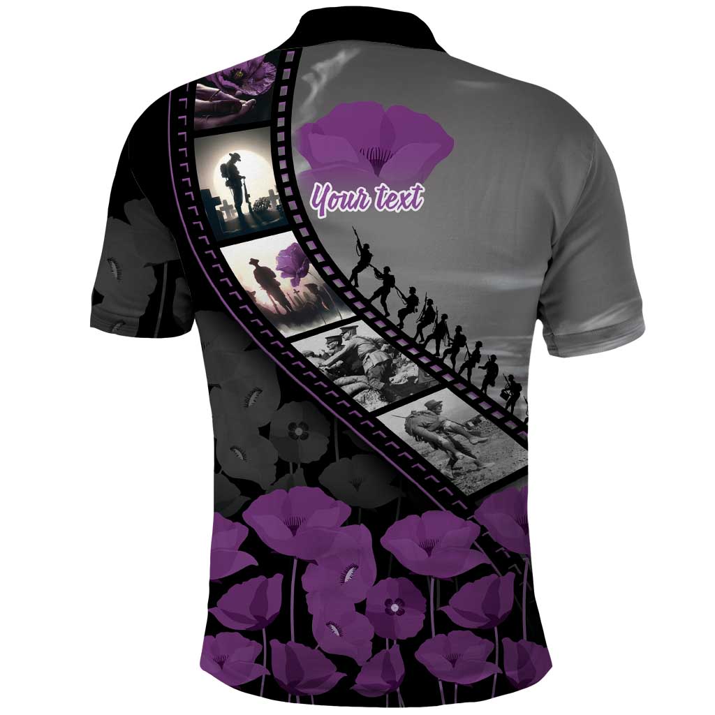 Personalised Remembering ANZAC Lest We Forget Polo Shirt Vintage Film Frame Memorial Purple Poppy