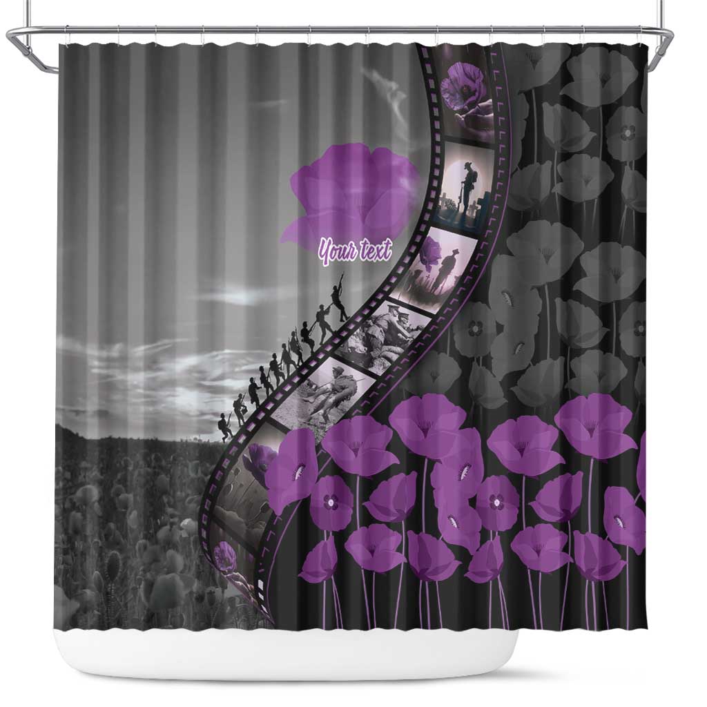 Personalised Remembering ANZAC Lest We Forget Shower Curtain Vintage Film Frame Memorial Purple Poppy