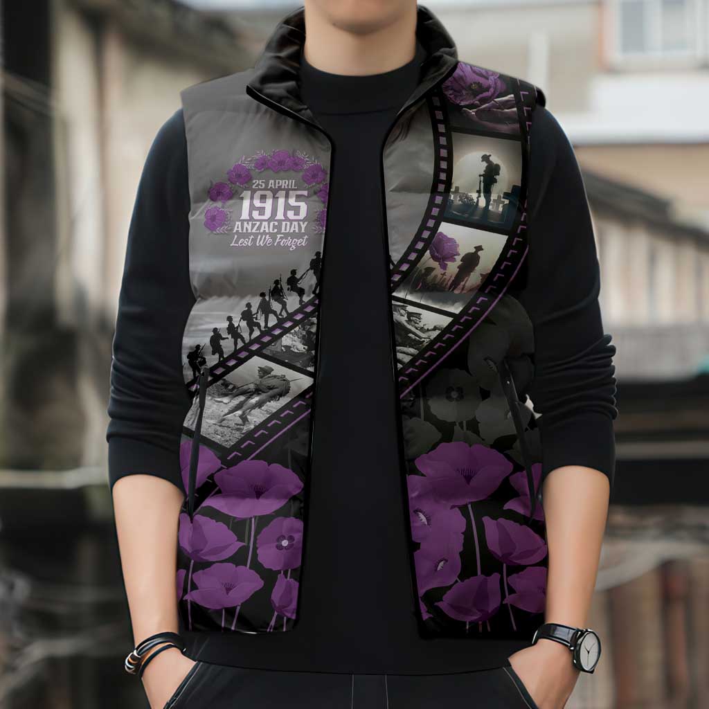 Personalised Remembering ANZAC Lest We Forget Sleeveless Puffer Jacket Vintage Film Frame Memorial Purple Poppy