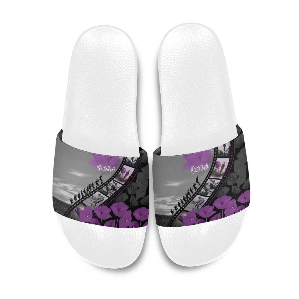 Personalised Remembering ANZAC Lest We Forget Slide Sandals Vintage Film Frame Memorial Purple Poppy LT9 Purple - Polynesian Pride