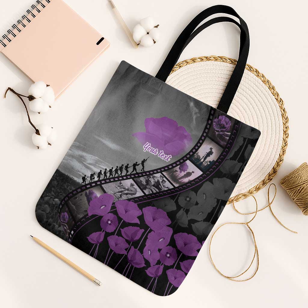 Personalised Remembering ANZAC Lest We Forget Tote Bag Vintage Film Frame Memorial Purple Poppy