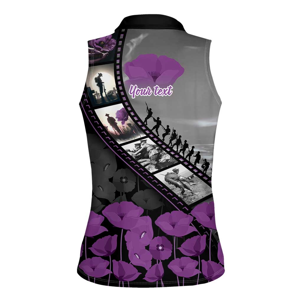 Personalised Remembering ANZAC Lest We Forget Women Sleeveless Polo Shirt Vintage Film Frame Memorial Purple Poppy