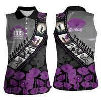 Personalised Remembering ANZAC Lest We Forget Women Sleeveless Polo Shirt Vintage Film Frame Memorial Purple Poppy