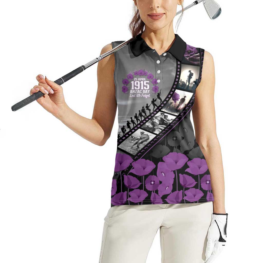 Personalised Remembering ANZAC Lest We Forget Women Sleeveless Polo Shirt Vintage Film Frame Memorial Purple Poppy