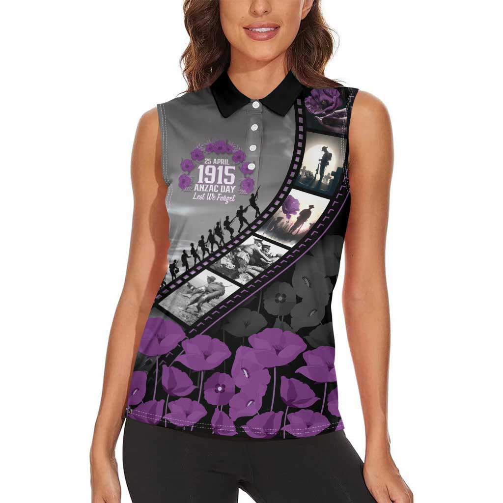 Personalised Remembering ANZAC Lest We Forget Women Sleeveless Polo Shirt Vintage Film Frame Memorial Purple Poppy