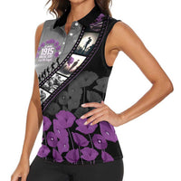 Personalised Remembering ANZAC Lest We Forget Women Sleeveless Polo Shirt Vintage Film Frame Memorial Purple Poppy