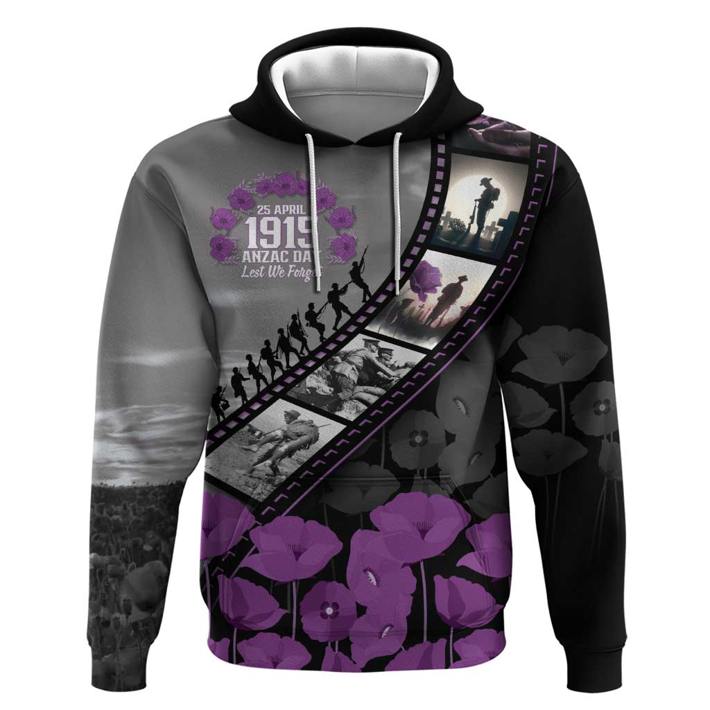 Personalised Remembering ANZAC Lest We Forget Zip Hoodie Vintage Film Frame Memorial Purple Poppy LT9 Pullover Hoodie Purple - Polynesian Pride