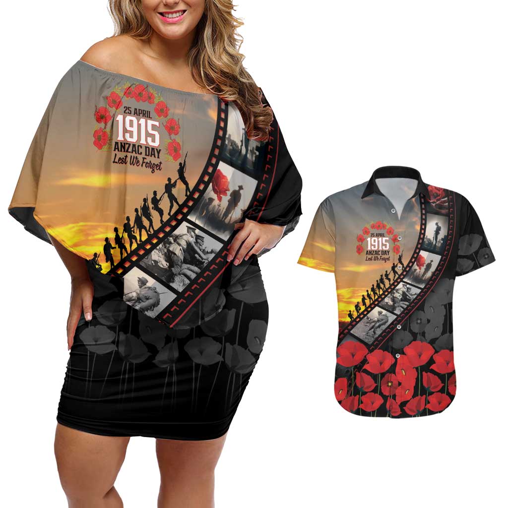 Personalised Remembering ANZAC Lest We Forget Couples Matching Off Shoulder Short Dress and Hawaiian Shirt Vintage Film Frame Memorial Red Poppy