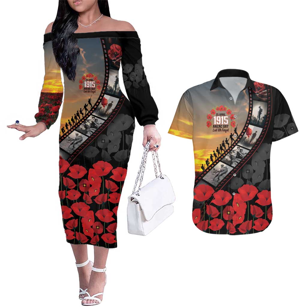 Personalised Remembering ANZAC Lest We Forget Couples Matching Off The Shoulder Long Sleeve Dress and Hawaiian Shirt Vintage Film Frame Memorial Red Poppy