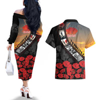 Personalised Remembering ANZAC Lest We Forget Couples Matching Off The Shoulder Long Sleeve Dress and Hawaiian Shirt Vintage Film Frame Memorial Red Poppy