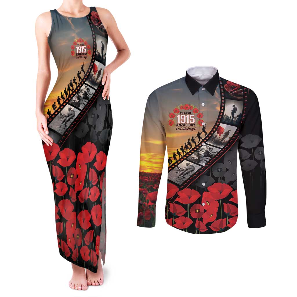 Personalised Remembering ANZAC Lest We Forget Couples Matching Tank Maxi Dress and Long Sleeve Button Shirt Vintage Film Frame Memorial Red Poppy