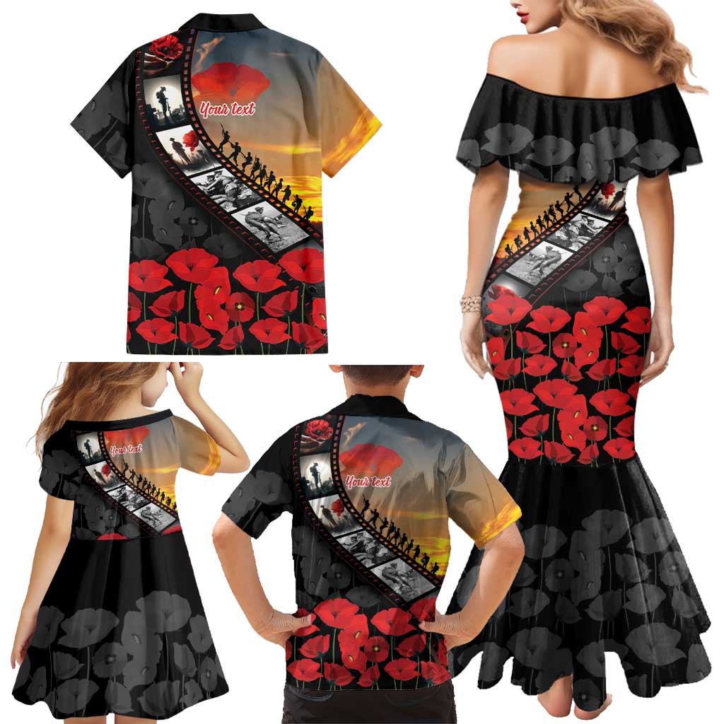 Personalised Remembering ANZAC Lest We Forget Family Matching Mermaid Dress and Hawaiian Shirt Vintage Film Frame Memorial Red Poppy