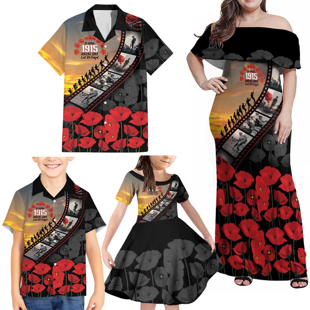 Personalised Remembering ANZAC Lest We Forget Family Matching Off Shoulder Maxi Dress and Hawaiian Shirt Vintage Film Frame Memorial Red Poppy