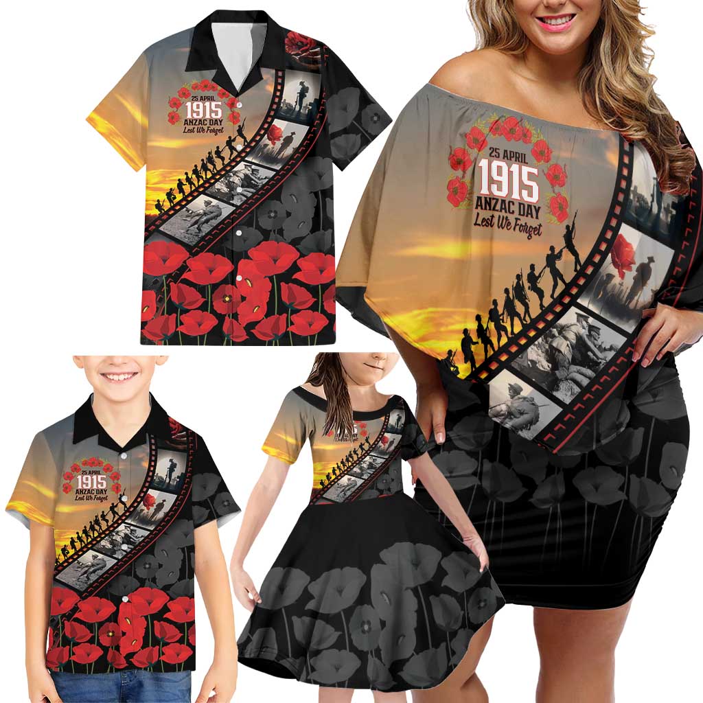 Personalised Remembering ANZAC Lest We Forget Family Matching Off Shoulder Short Dress and Hawaiian Shirt Vintage Film Frame Memorial Red Poppy