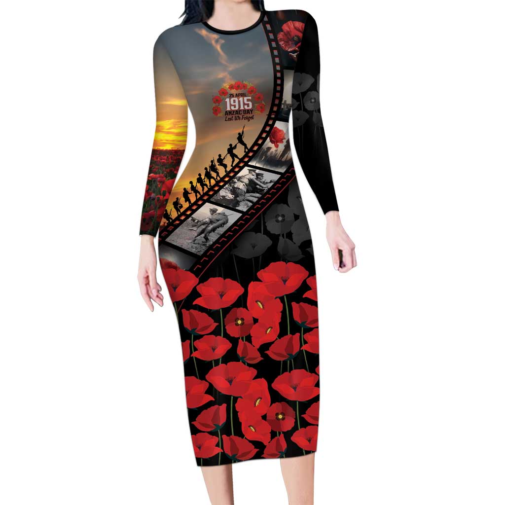 Personalised Remembering ANZAC Lest We Forget Long Sleeve Bodycon Dress Vintage Film Frame Memorial Red Poppy