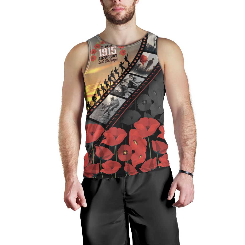 Personalised Remembering ANZAC Lest We Forget Men Tank Top Vintage Film Frame Memorial Red Poppy LT9 - Polynesian Pride