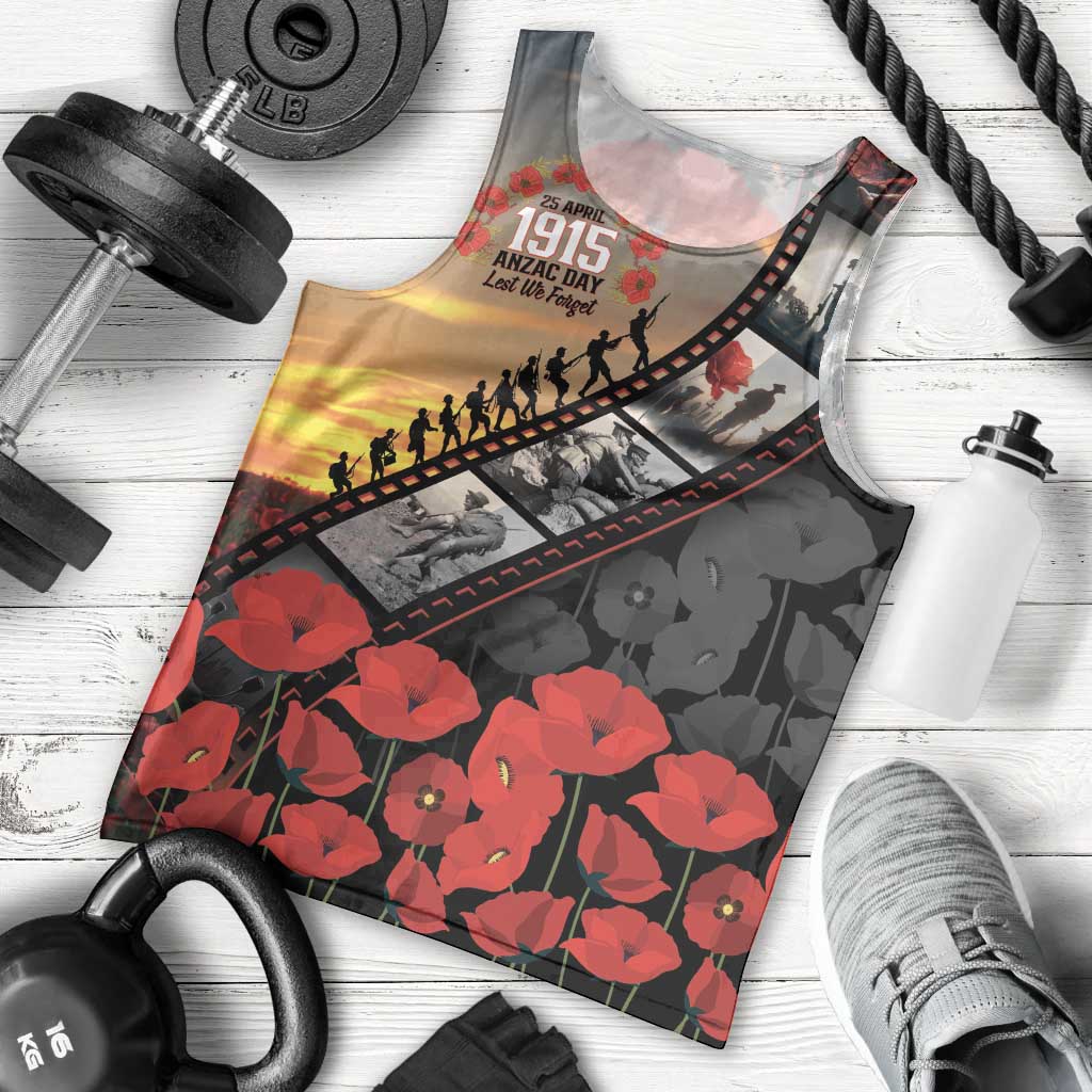 Personalised Remembering ANZAC Lest We Forget Men Tank Top Vintage Film Frame Memorial Red Poppy LT9 - Polynesian Pride