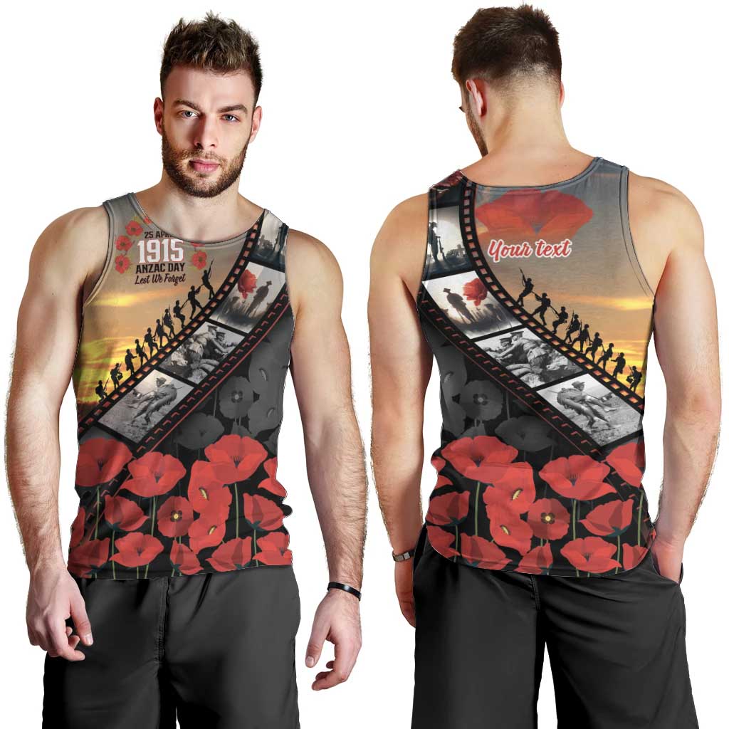 Personalised Remembering ANZAC Lest We Forget Men Tank Top Vintage Film Frame Memorial Red Poppy LT9 - Polynesian Pride