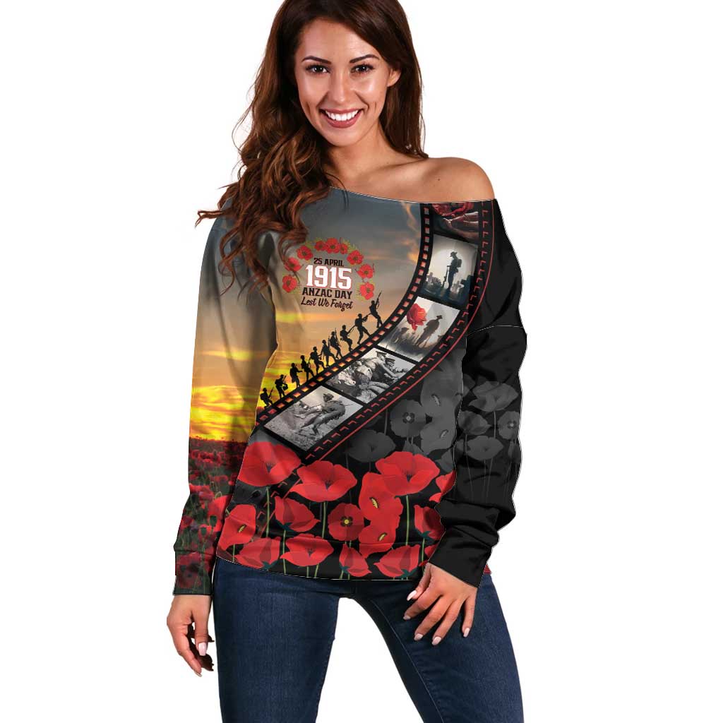 Personalised Remembering ANZAC Lest We Forget Off Shoulder Sweater Vintage Film Frame Memorial Red Poppy