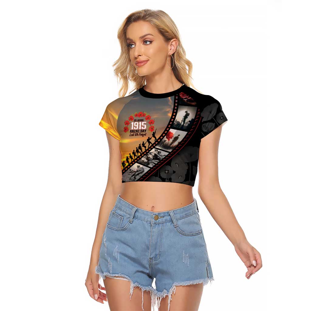Personalised Remembering ANZAC Lest We Forget Raglan Cropped T Shirt Vintage Film Frame Memorial Red Poppy LT9 Female Red - Polynesian Pride