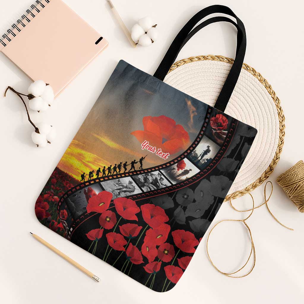 Personalised Remembering ANZAC Lest We Forget Tote Bag Vintage Film Frame Memorial Red Poppy