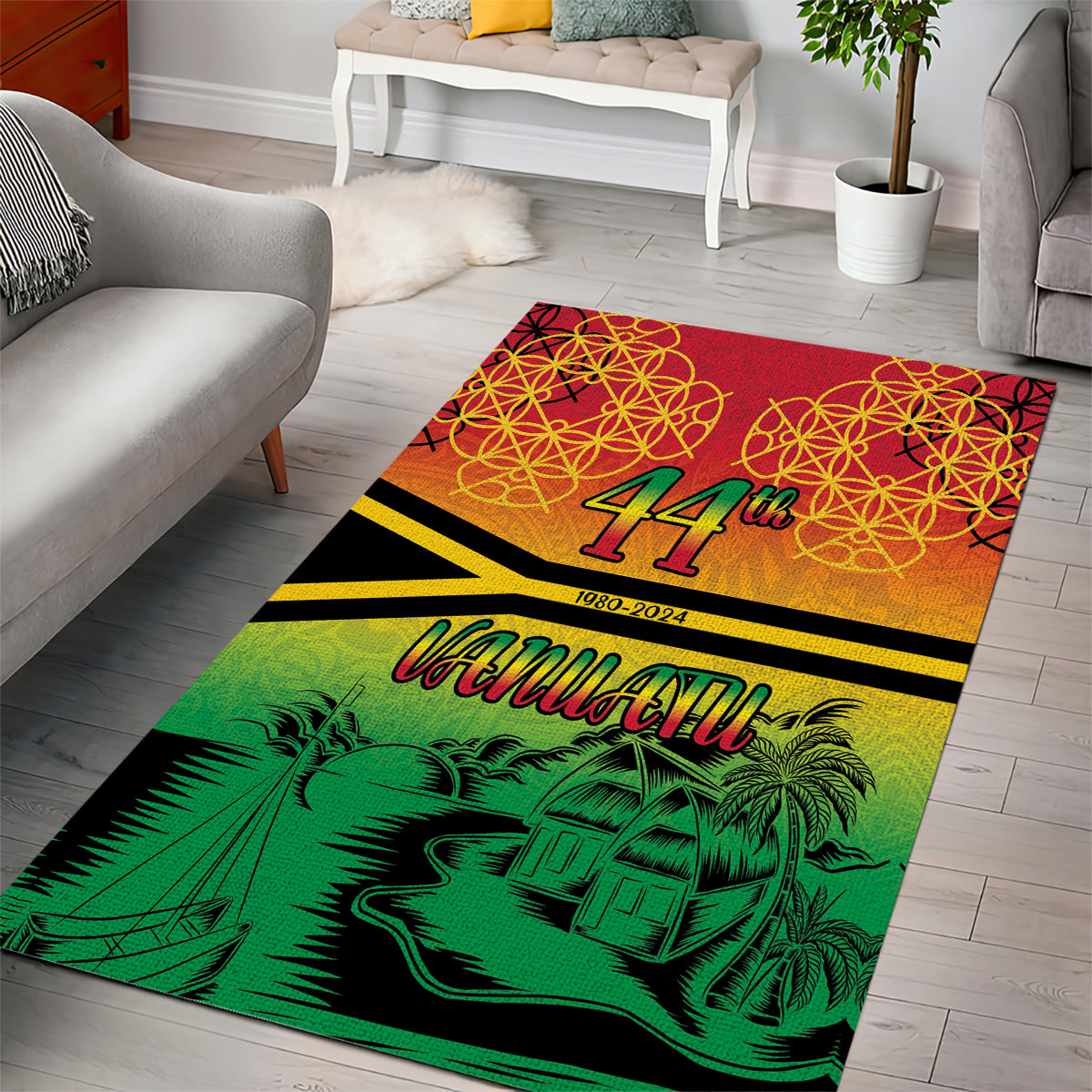 Hapi 44th Indipendens Dei Vanuatu Area Rug Yumi 1980 with Vanuatuan Beach Landscape