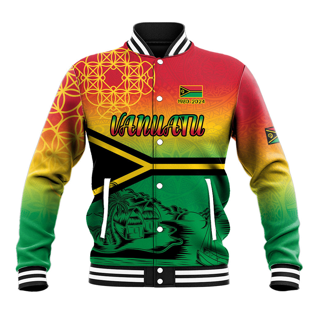 Hapi 44th Indipendens Dei Vanuatu Baseball Jacket Yumi 1980 with Vanuatuan Beach Landscape LT9 Unisex Reggae - Polynesian Pride