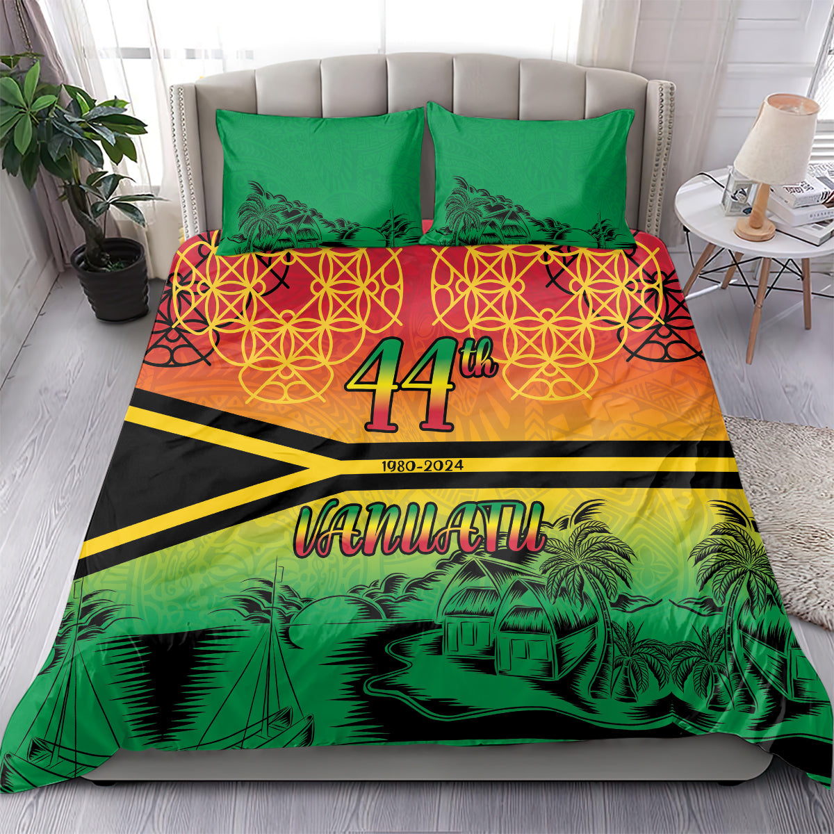 Hapi 44th Indipendens Dei Vanuatu Bedding Set Yumi 1980 with Vanuatuan Beach Landscape