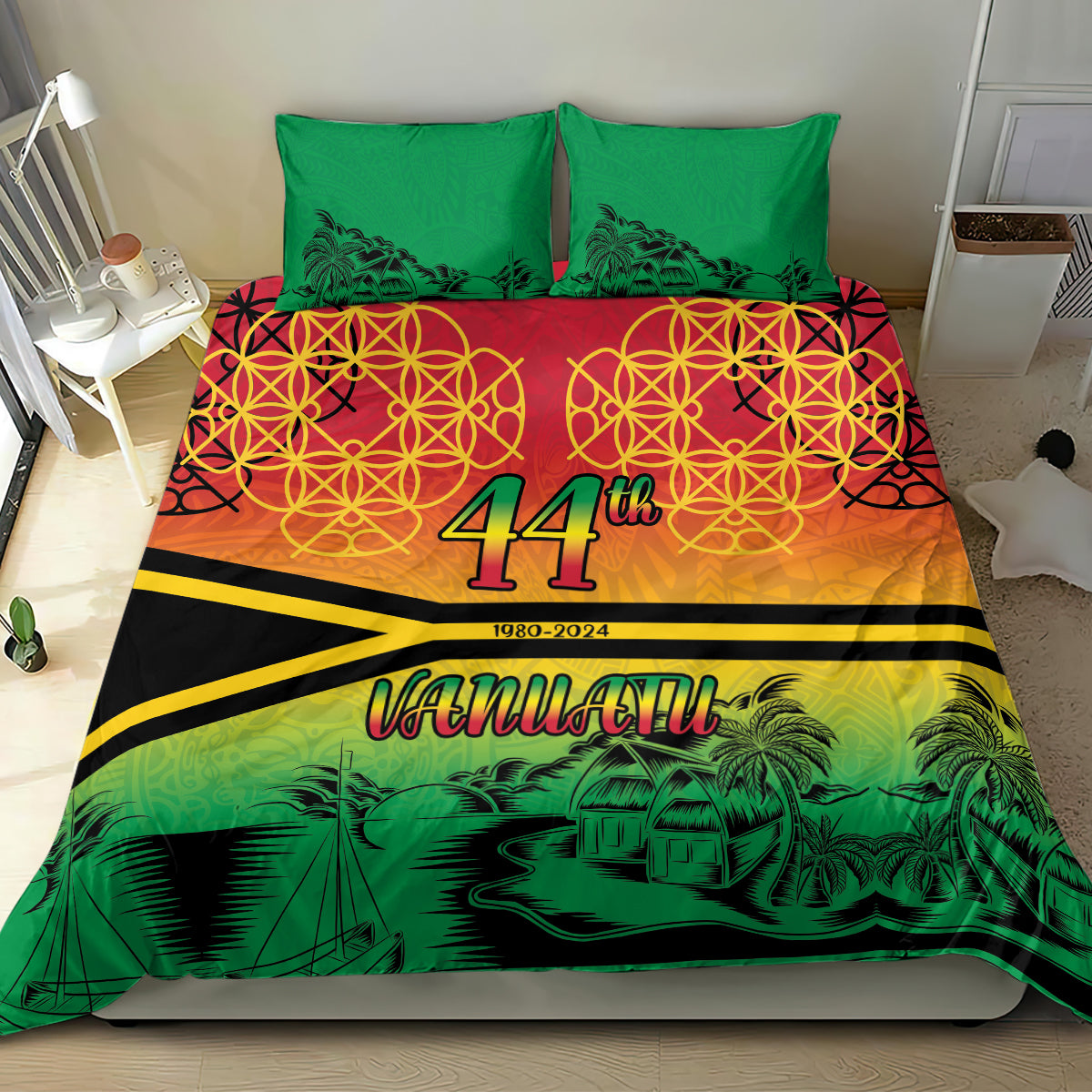 Hapi 44th Indipendens Dei Vanuatu Bedding Set Yumi 1980 with Vanuatuan Beach Landscape