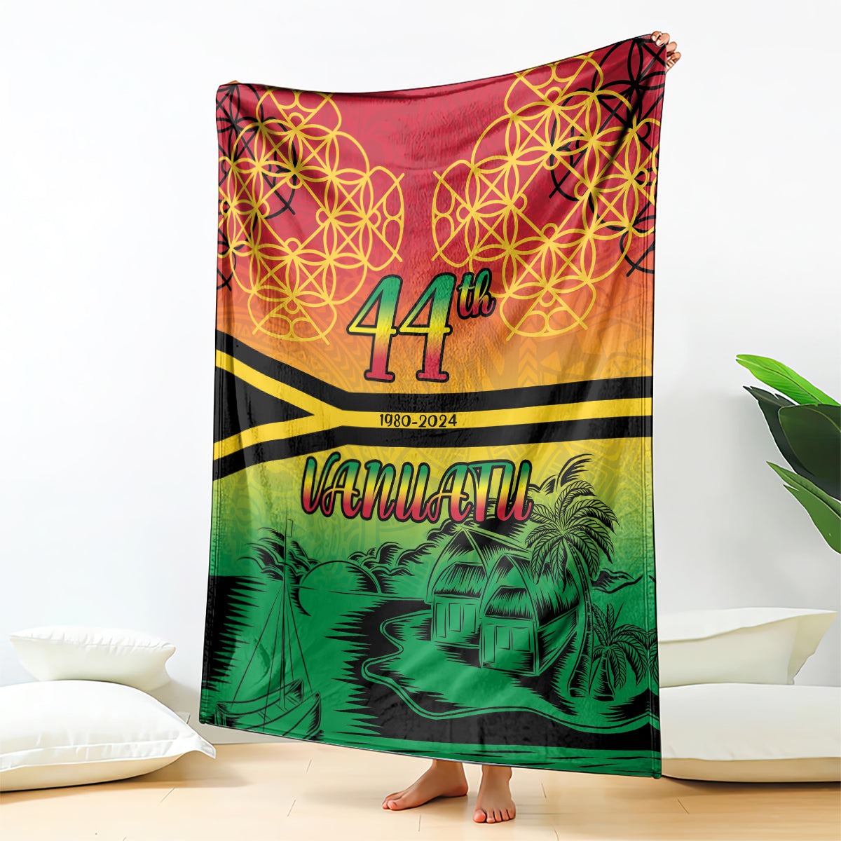 Hapi 44th Indipendens Dei Vanuatu Blanket Yumi 1980 with Vanuatuan Beach Landscape