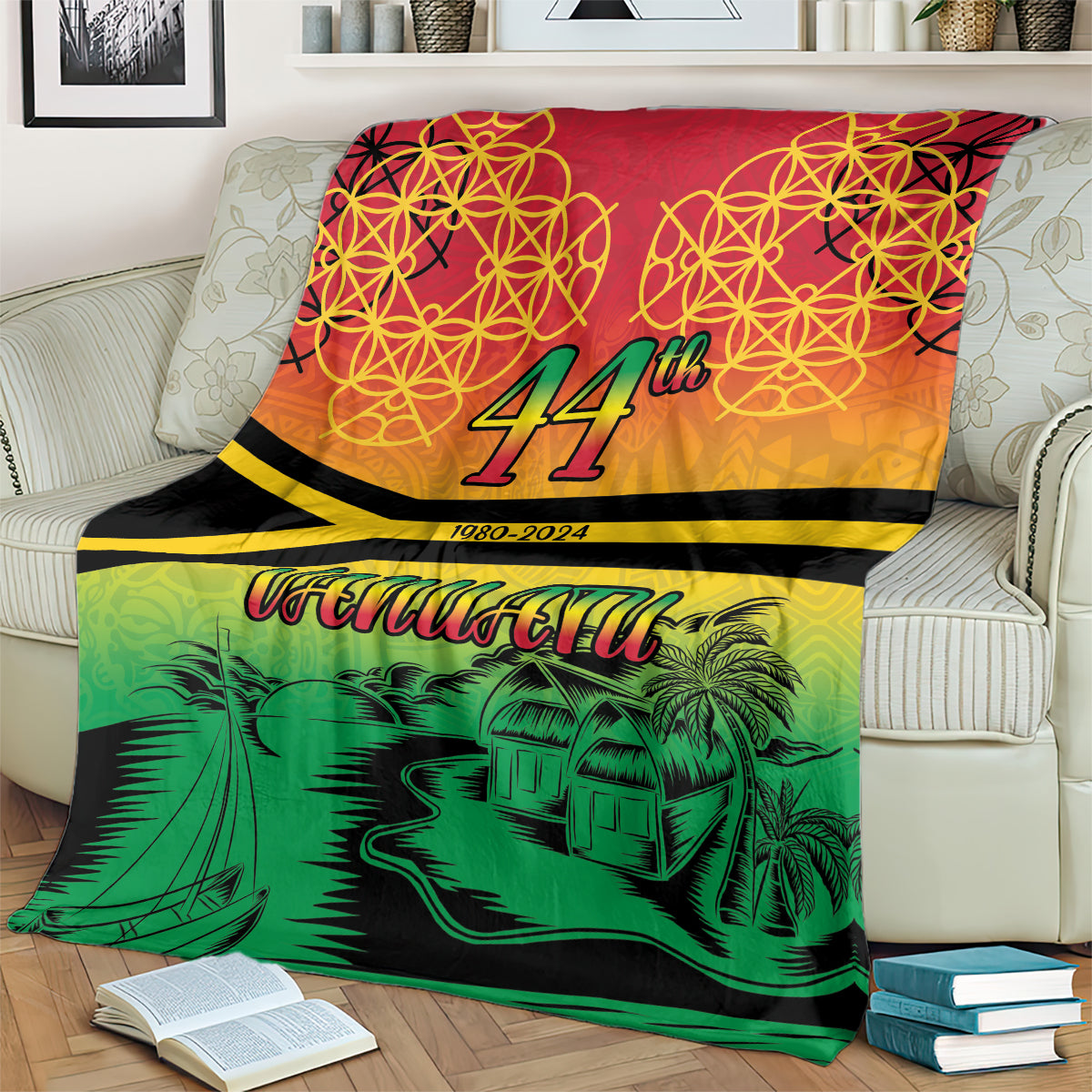 Hapi 44th Indipendens Dei Vanuatu Blanket Yumi 1980 with Vanuatuan Beach Landscape