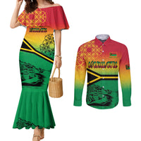 Hapi 44th Indipendens Dei Vanuatu Couples Matching Mermaid Dress and Long Sleeve Button Shirt Yumi 1980 with Vanuatuan Beach Landscape