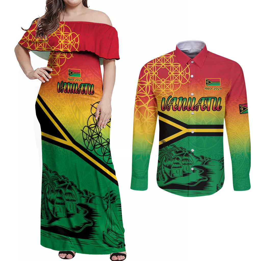 Hapi 44th Indipendens Dei Vanuatu Couples Matching Off Shoulder Maxi Dress and Long Sleeve Button Shirt Yumi 1980 with Vanuatuan Beach Landscape