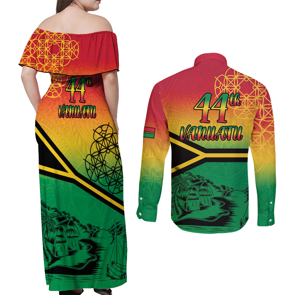 Hapi 44th Indipendens Dei Vanuatu Couples Matching Off Shoulder Maxi Dress and Long Sleeve Button Shirt Yumi 1980 with Vanuatuan Beach Landscape