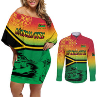 Hapi 44th Indipendens Dei Vanuatu Couples Matching Off Shoulder Short Dress and Long Sleeve Button Shirt Yumi 1980 with Vanuatuan Beach Landscape
