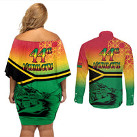 Hapi 44th Indipendens Dei Vanuatu Couples Matching Off Shoulder Short Dress and Long Sleeve Button Shirt Yumi 1980 with Vanuatuan Beach Landscape