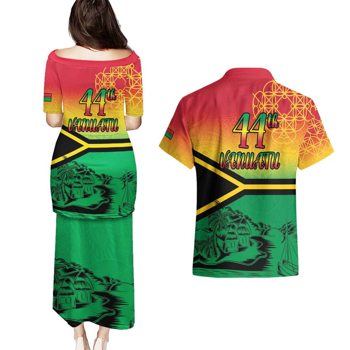 Hapi 44th Indipendens Dei Vanuatu Couples Matching Puletasi and Hawaiian Shirt Yumi 1980 with Vanuatuan Beach Landscape